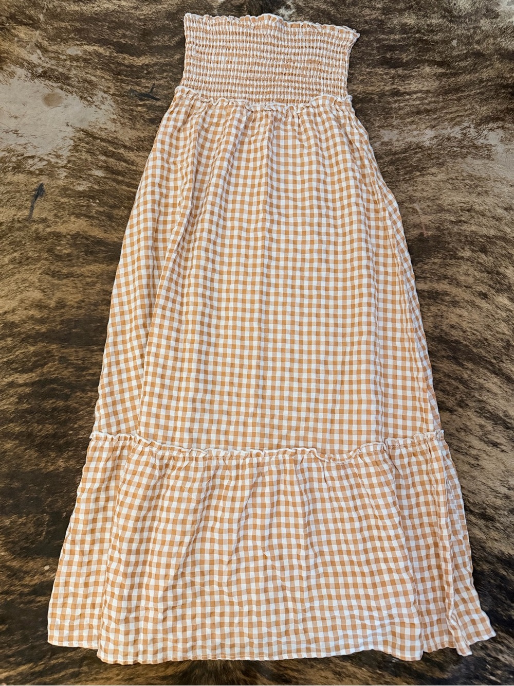 Beige and White Gingham Smocked Maxi Skirt